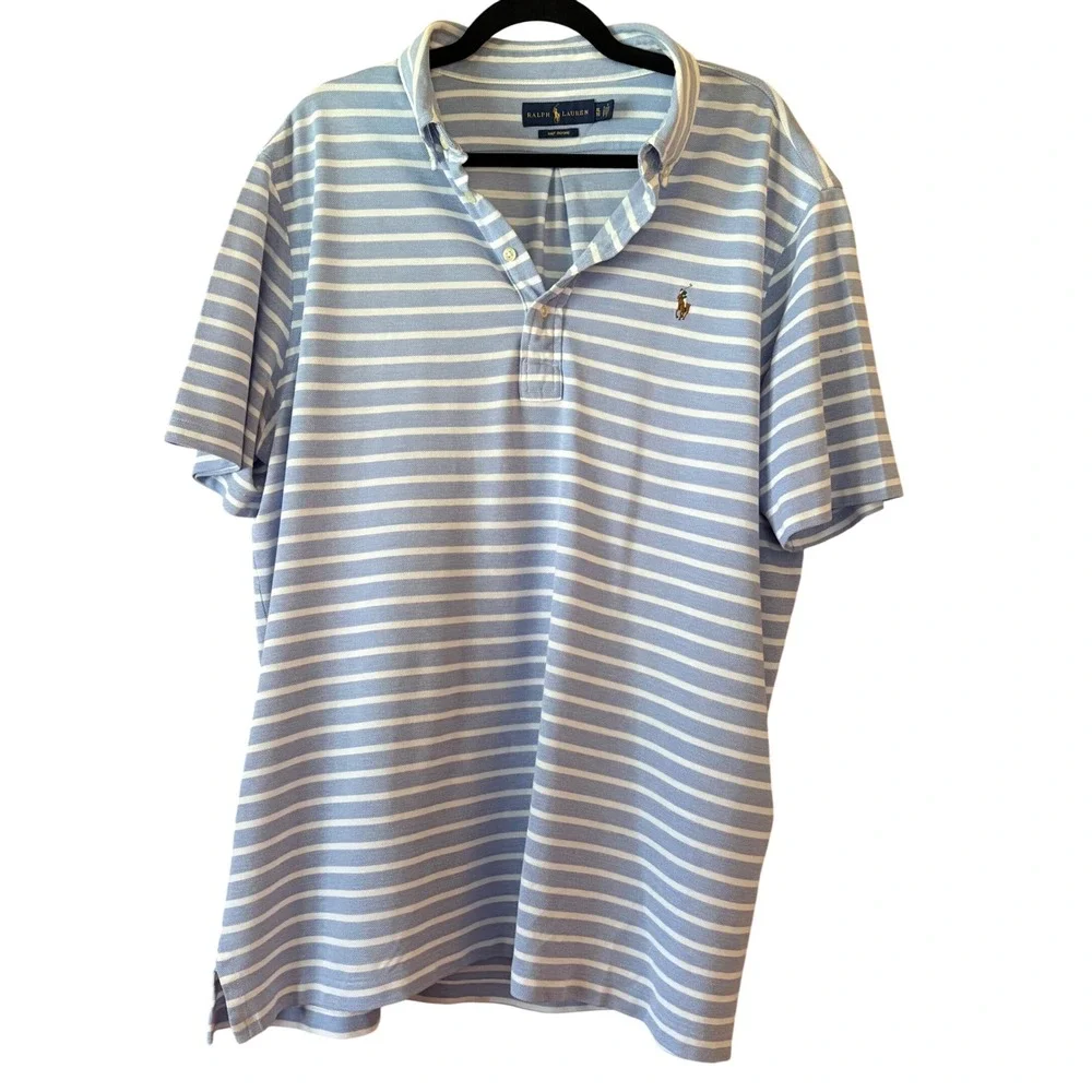 Ralph Lauren Mens XL Knit Oxford Blue Striped Polo Shirt Light Academia Preppy